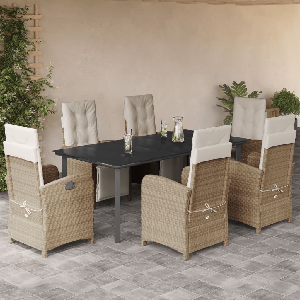 7-tlg. Garten-Essgruppe mit Kissen Beige Poly Rattan